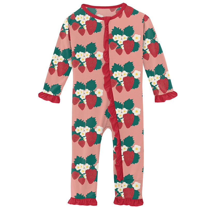 Print Classic Ruffle Coverall with Zipper in Blush Strawberry Farm