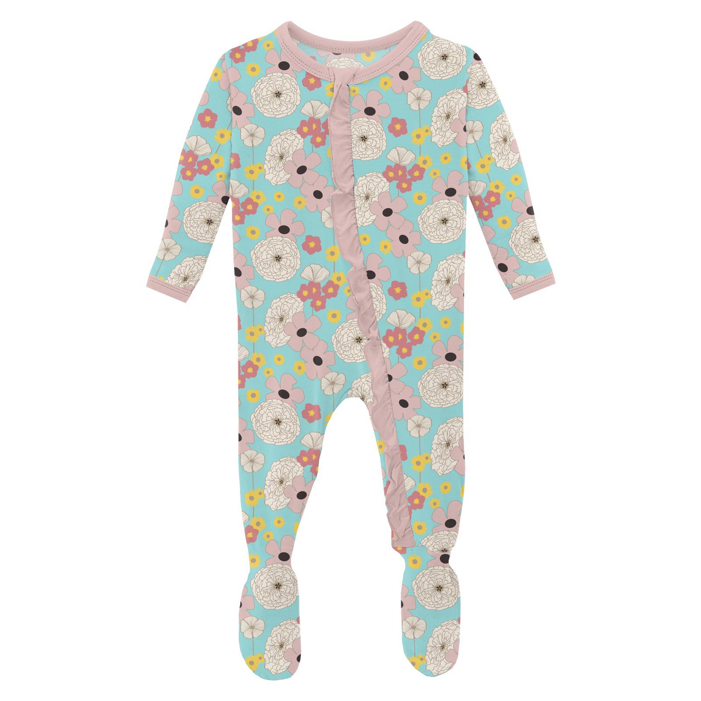 Summer Sky Flower Power Print Classic Ruffle Footie with Zipper