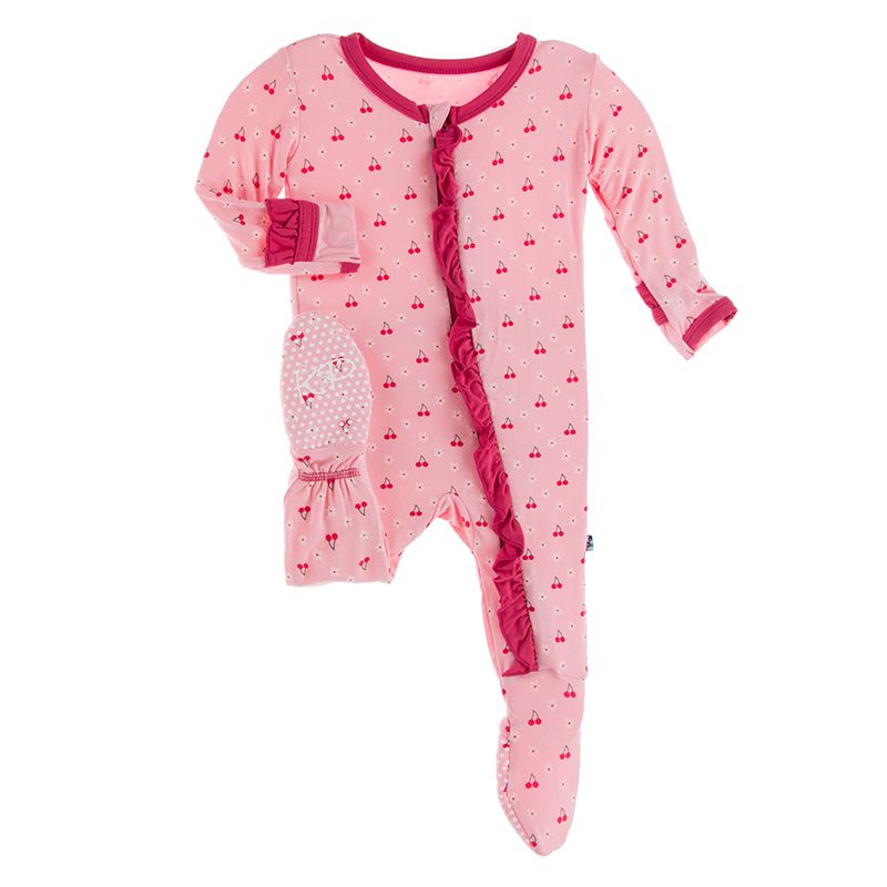 Print Ruffle Footie with Zipper - Lotus Cherries and Blossoms