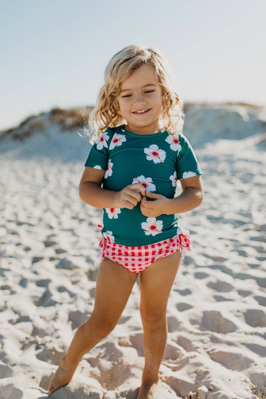 Teal Rash Guard with Coral Check Ruffle Bottoms