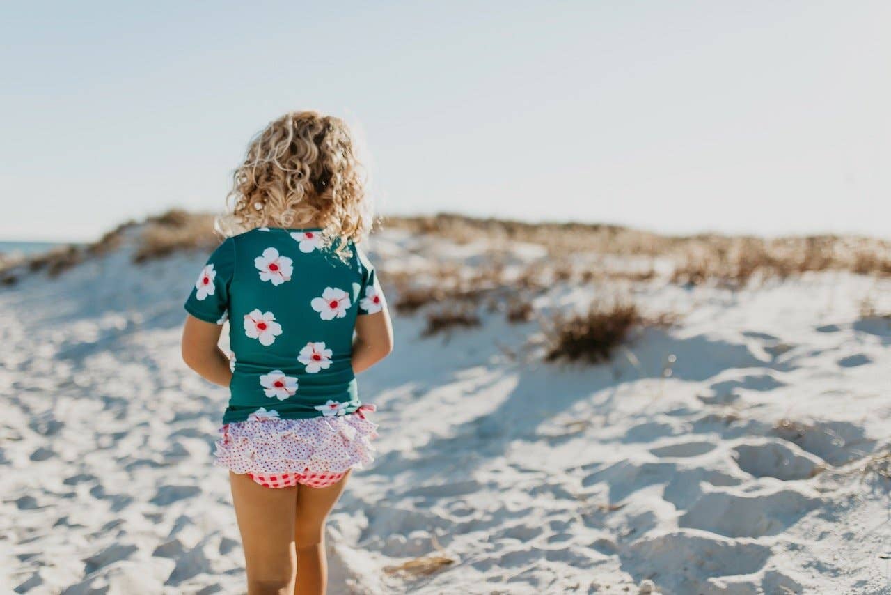 Teal Rash Guard with Coral Check Ruffle Bottoms