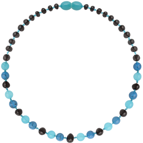 Cherry, Dark Turquoise, & Jade Amber & Gemstone Teething Necklace 12.5"