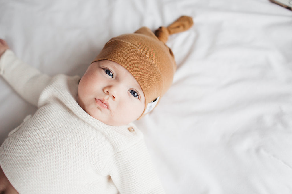 Copper Pearl Top Knot Hat 0-4mo - Camel