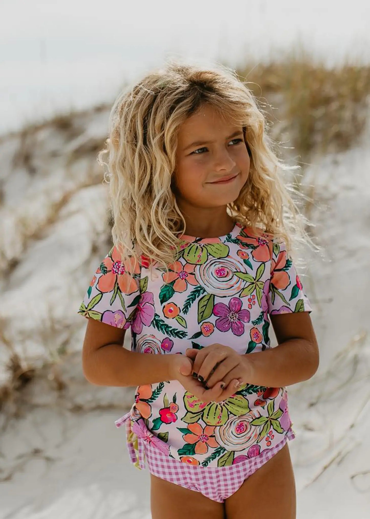 Lavender Check Rash Guard Swimsuit with Ruffle Bottoms