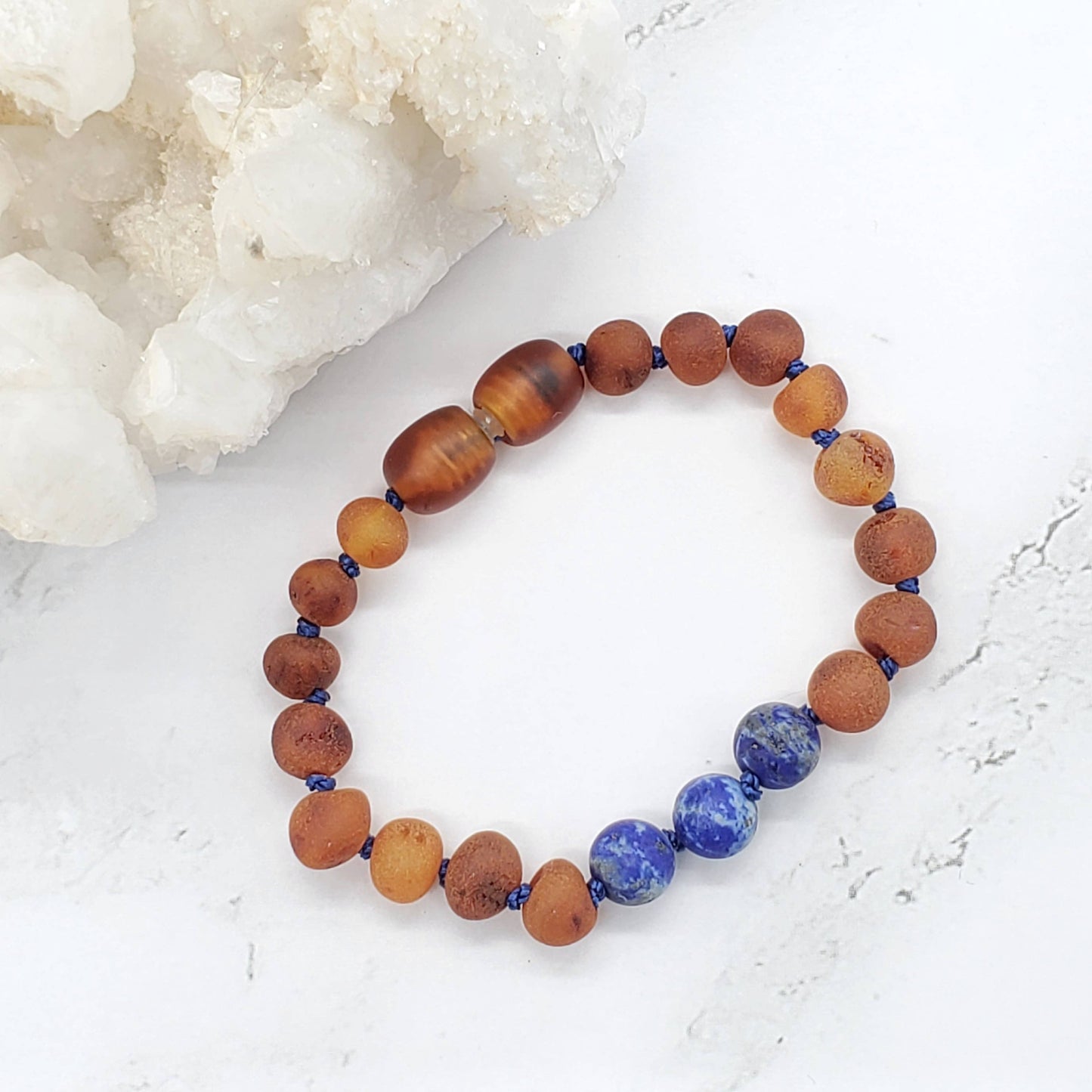 Raw Lapis Lazuli & Cognac Baltic Amber Bracelet 5.5"