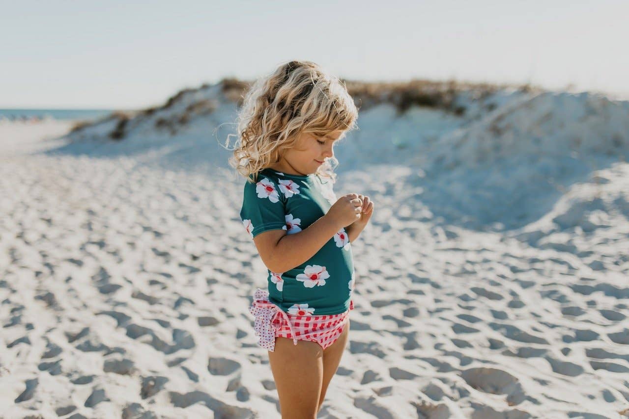 Teal Rash Guard with Coral Check Ruffle Bottoms