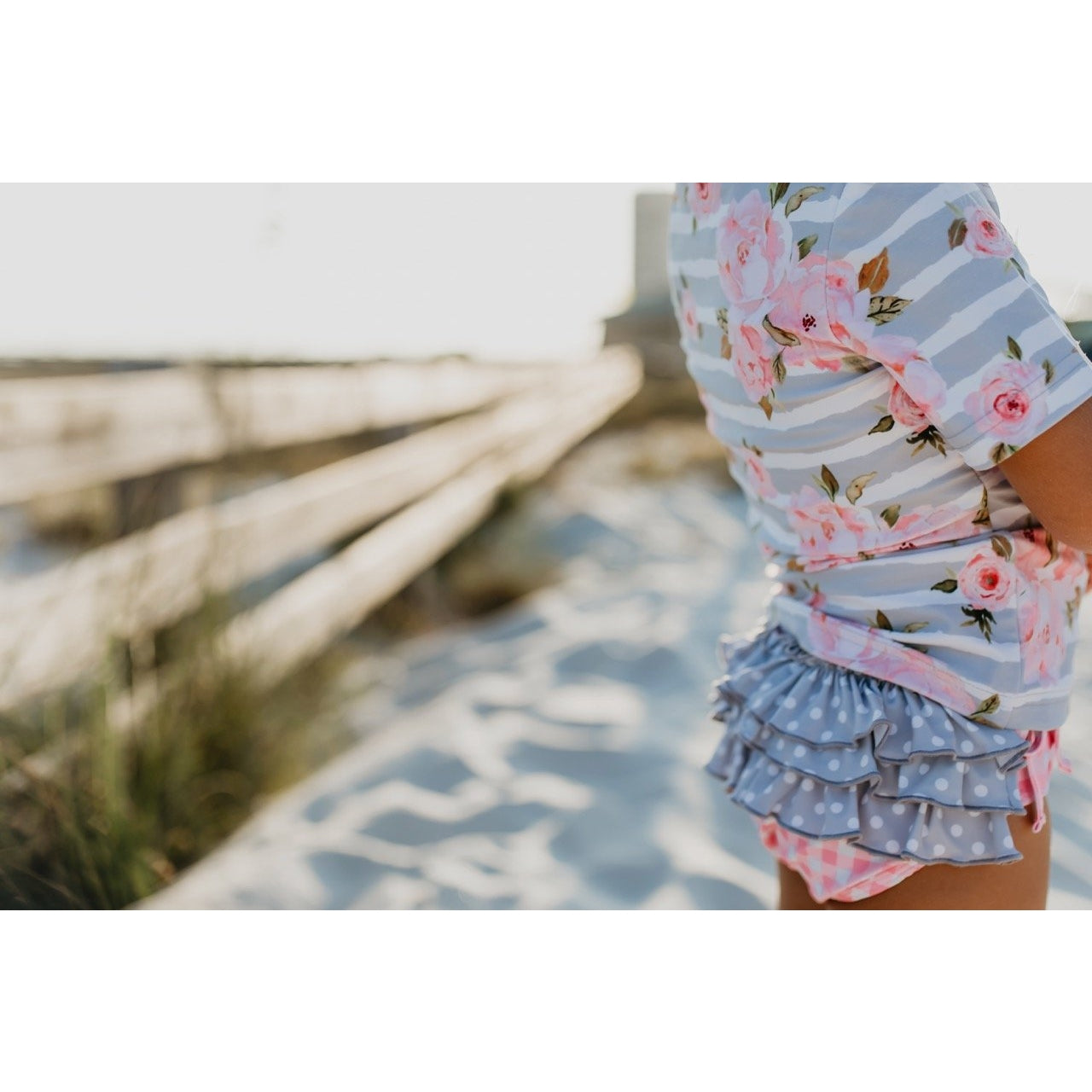 Pink Floral Rash Guard with Pink Check Ruffle Bottoms