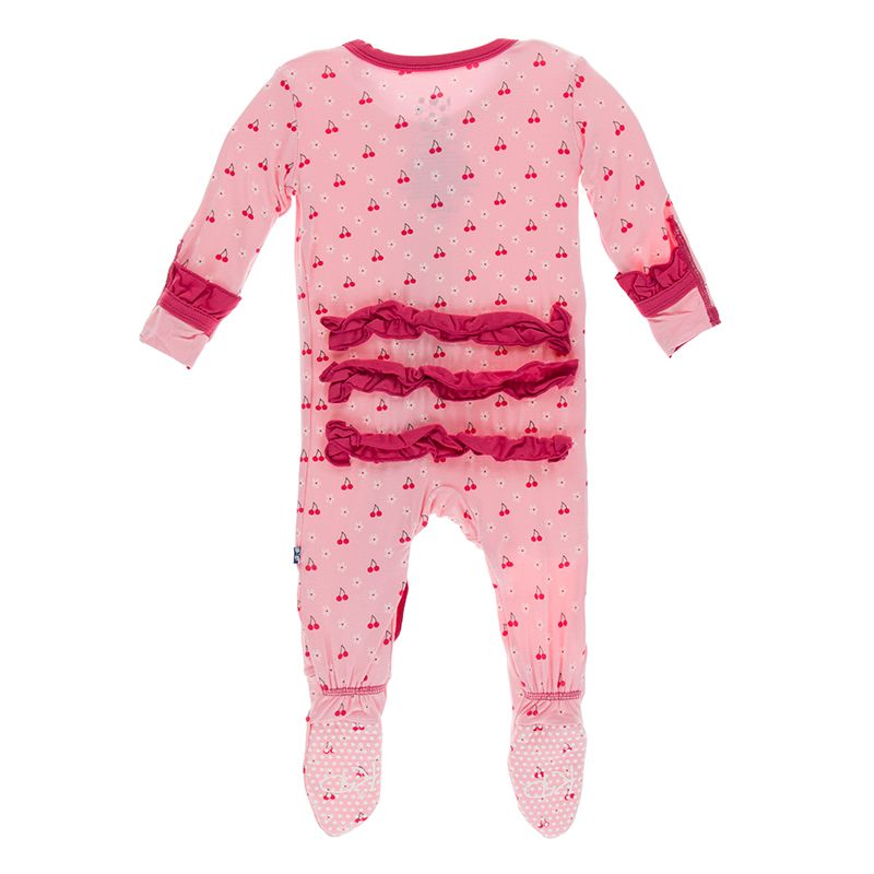 Print Ruffle Footie with Zipper - Lotus Cherries and Blossoms