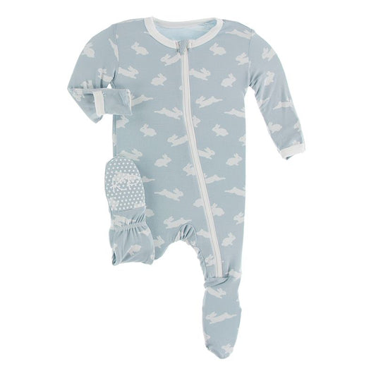 Print Footie with Zipper - Pearl Blue Bunny