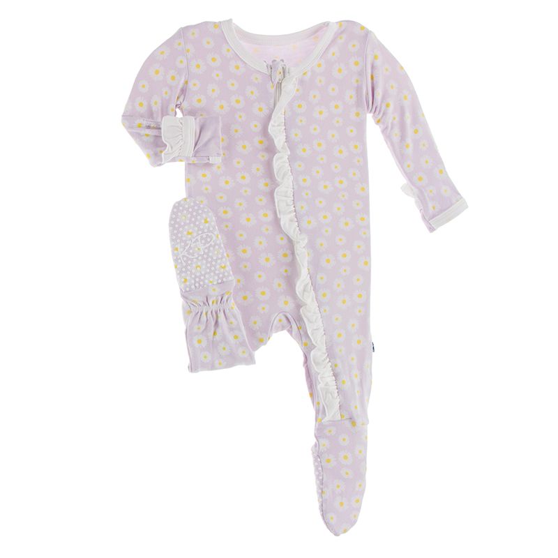 Print Ruffle Footie with Zipper - Thistle Chamomile