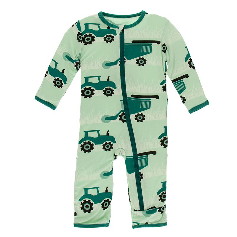 Kickee Pants Print Coverall with Zipper - Pistachio Tractors and Wheat