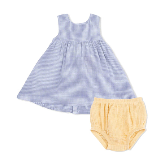 Dress with Bow & Bloomer | Micro Gingham Blue Blizzard