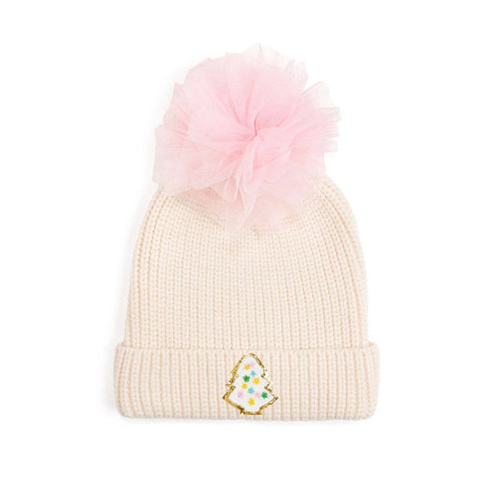 Pastel Christmas Tree Patch Pom Pom Beanie | Girls