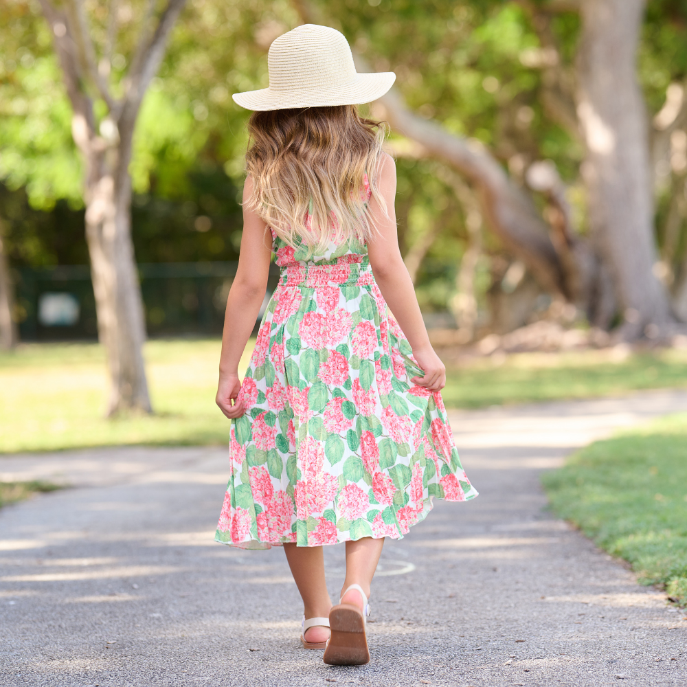 Girls Spring Summer Keyhole Tank Dress - Red Hydrangeas