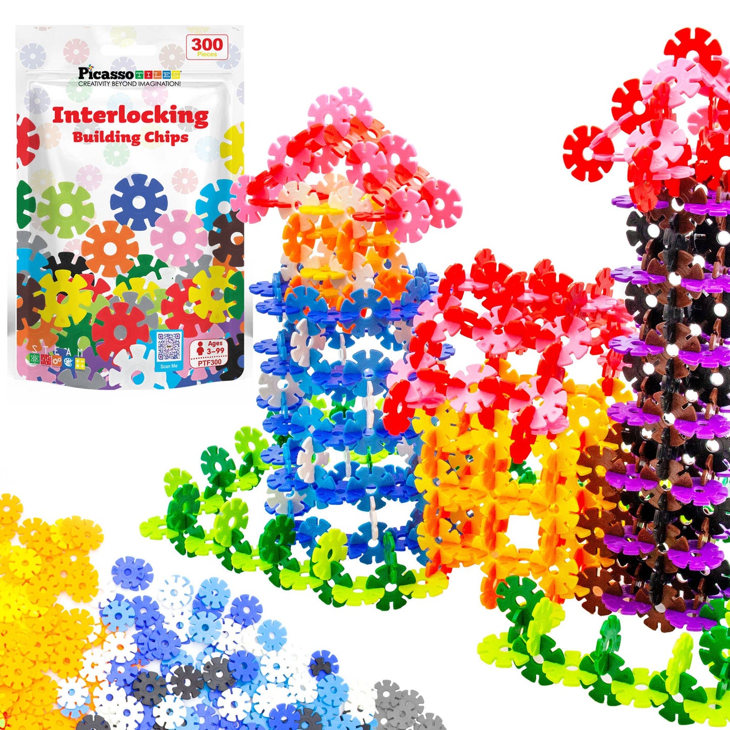 PicassoTiles 300pc Building Chips Interlocking Disc Blocks