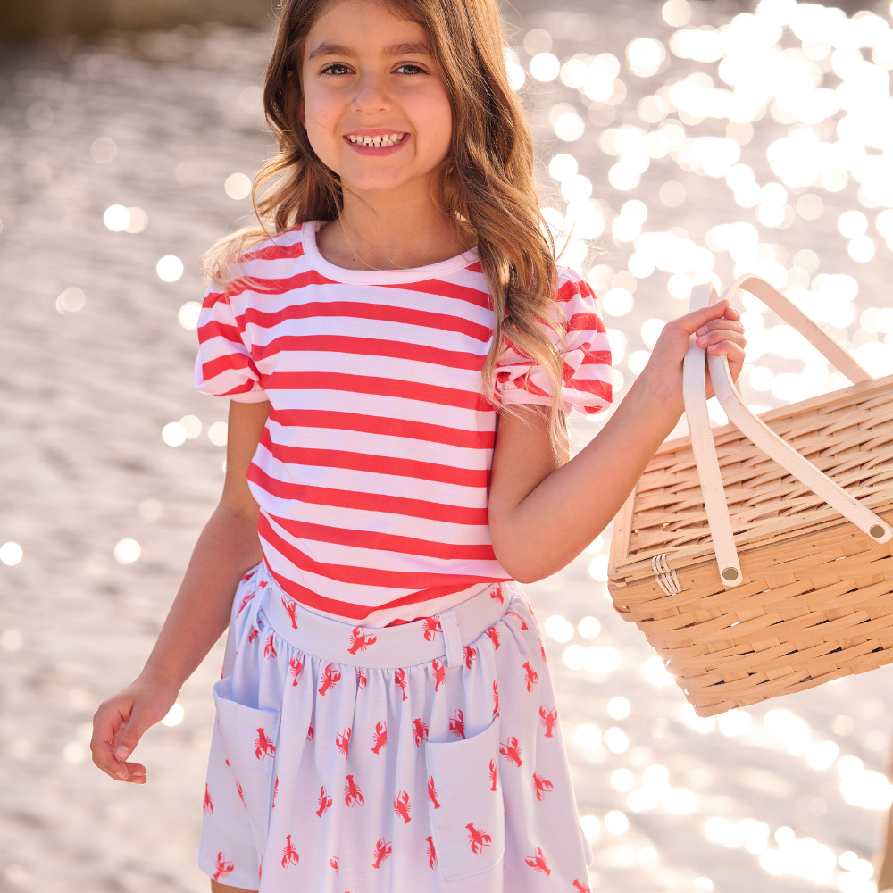 Girls Spring Summer Puff Sleeve Shirt - Amelia Red Stripe