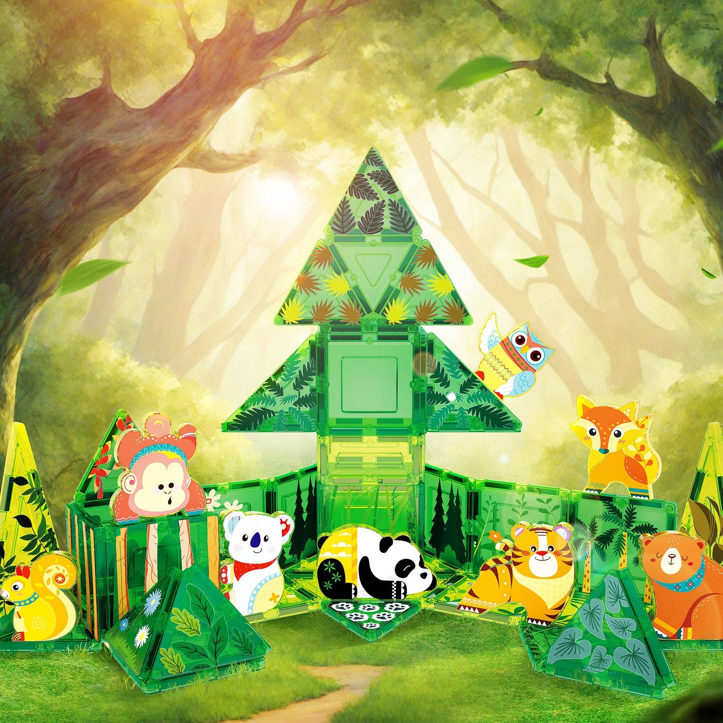 PicassoTiles 56pc (Forest Theme) Magnetic Tile Building Set