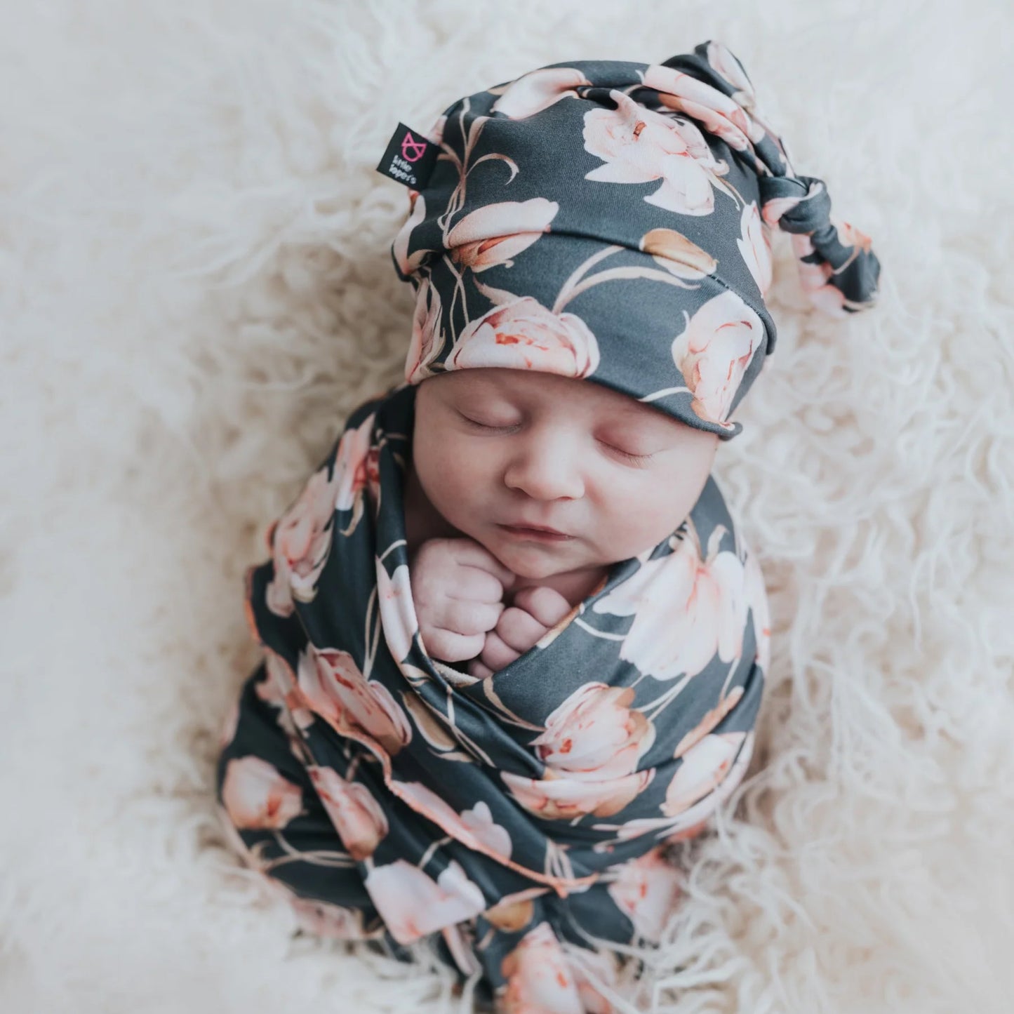 Peony Floral Swaddle Blanket with Knotted Turban & Hat