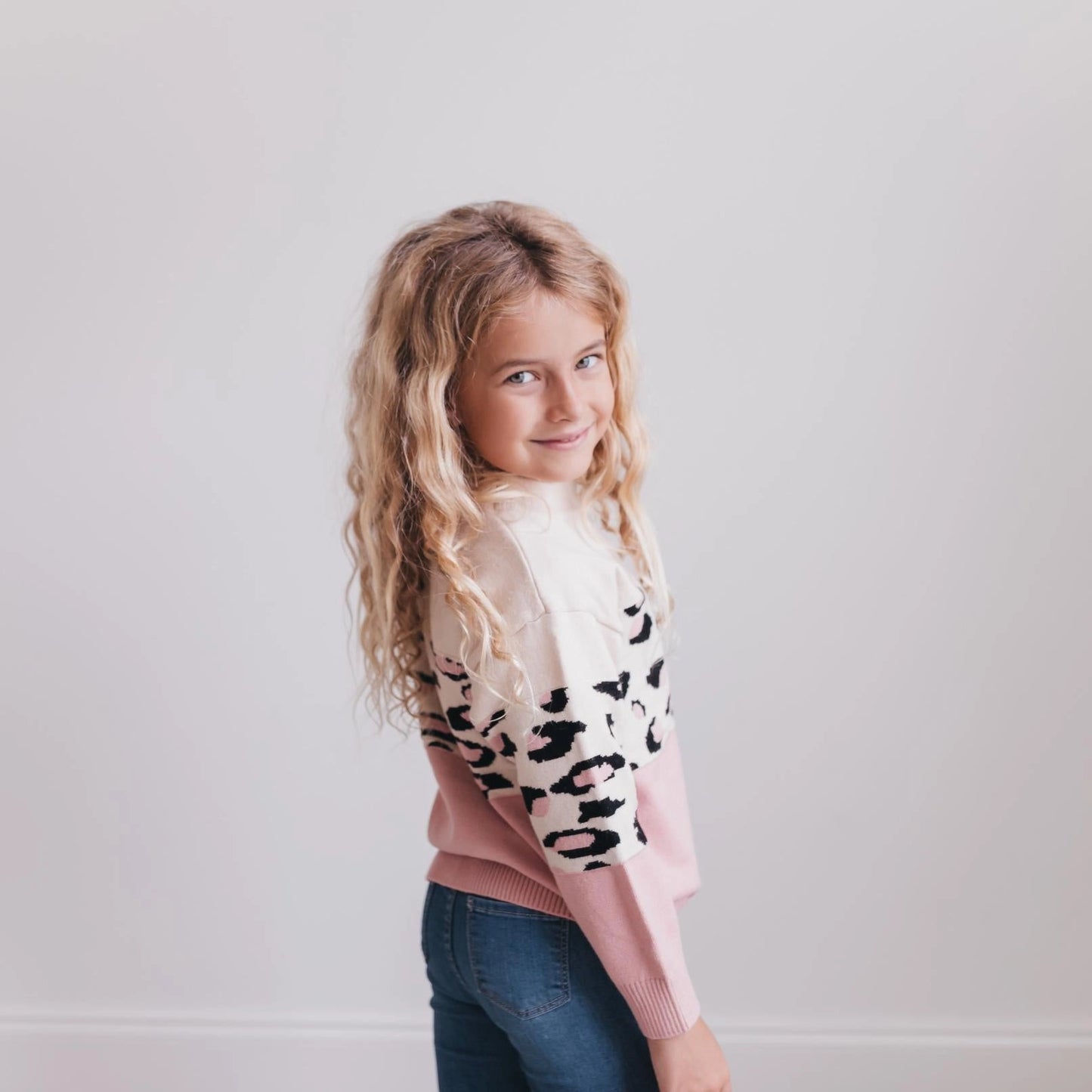 Girls Pink & Cream Leopard Crew Neck Sweater