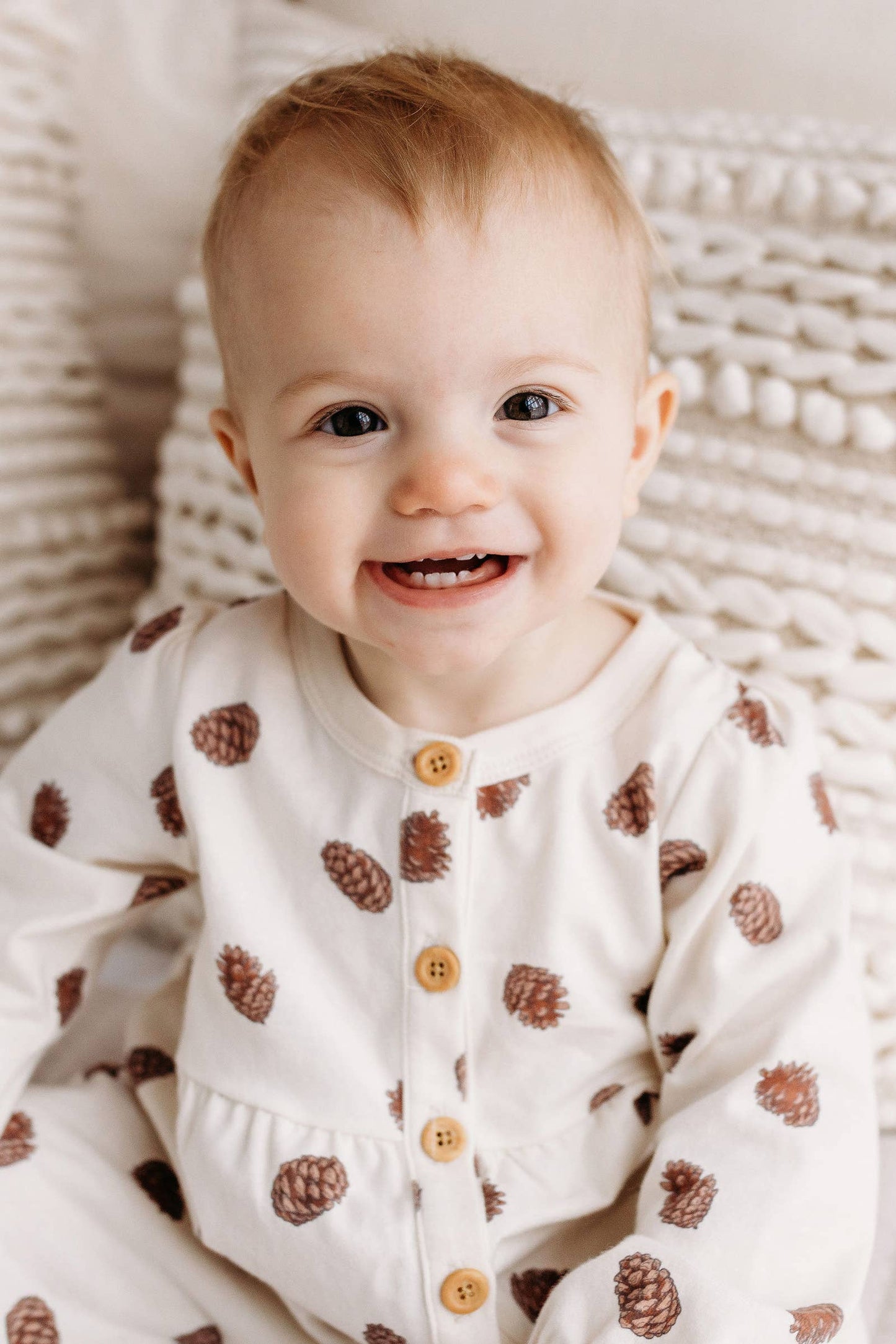 PNW Baby Gathered Button Romper- Pinecones