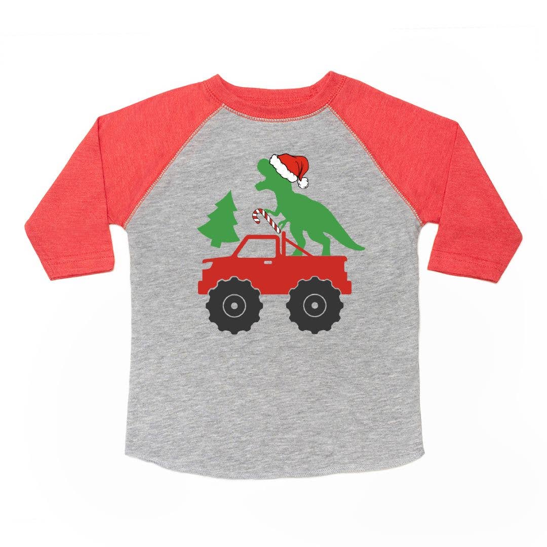Santa Dino Monster Truck Christmas 3/4 Shirt - Kids Holiday
