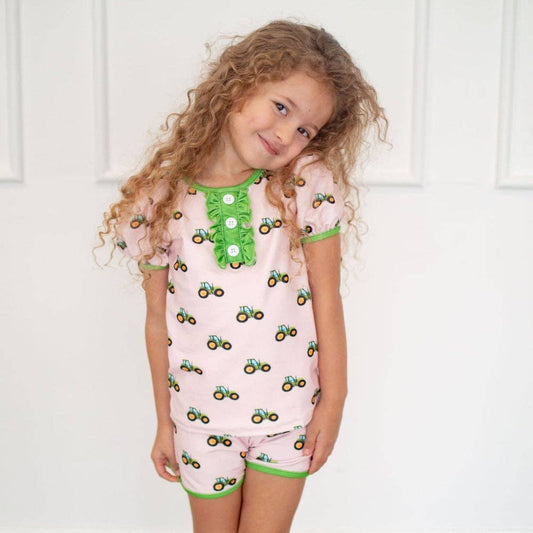 Ruffle Short Sleeve Lounge Set - Tractors On Pink
