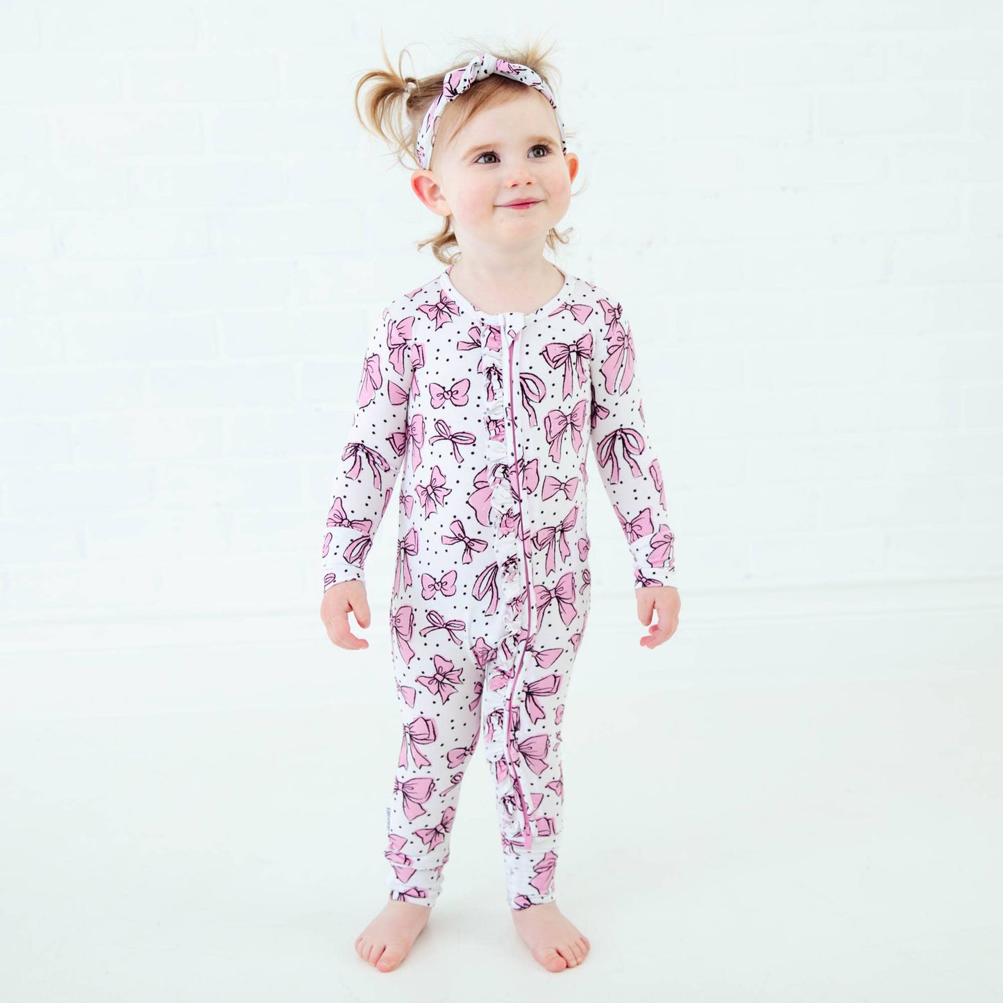 All Tied Up Pink Bows Bamboo Ruffle Convertible Footie PJs