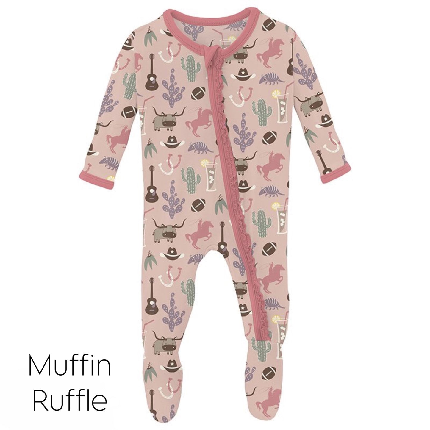 Peach Blossom Rodeo Print Ruffle Footie with Zipper