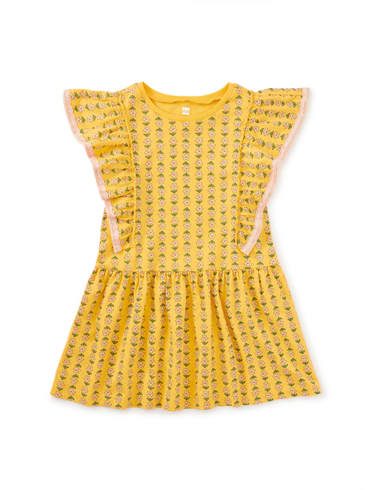 Crochet Trim Ruffle Dress | Vintage Floral Tile