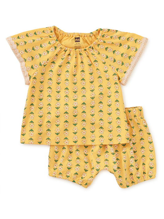 Crochet Trim Baby Set | Vintage Floral Tile