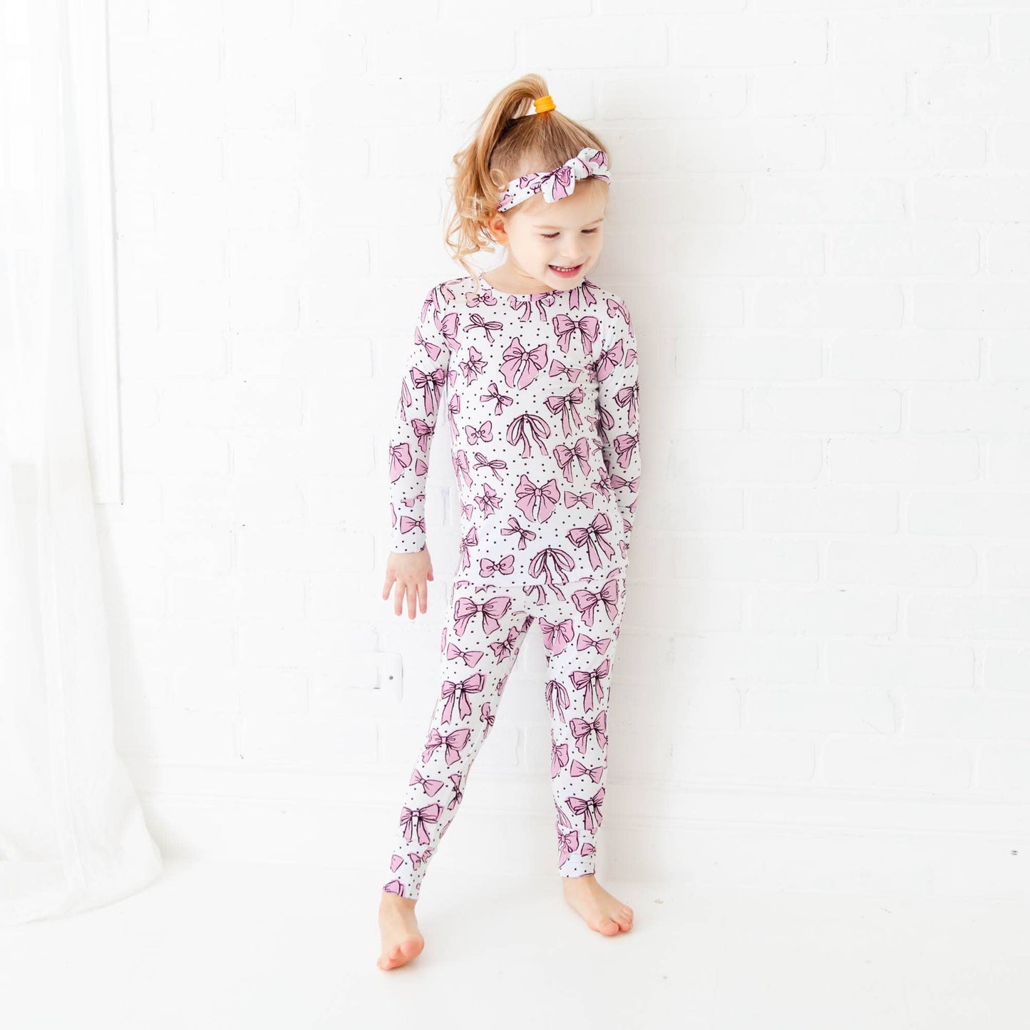 All Tied Up Pink Bows Kids Bamboo Two Piece Pajamas Set