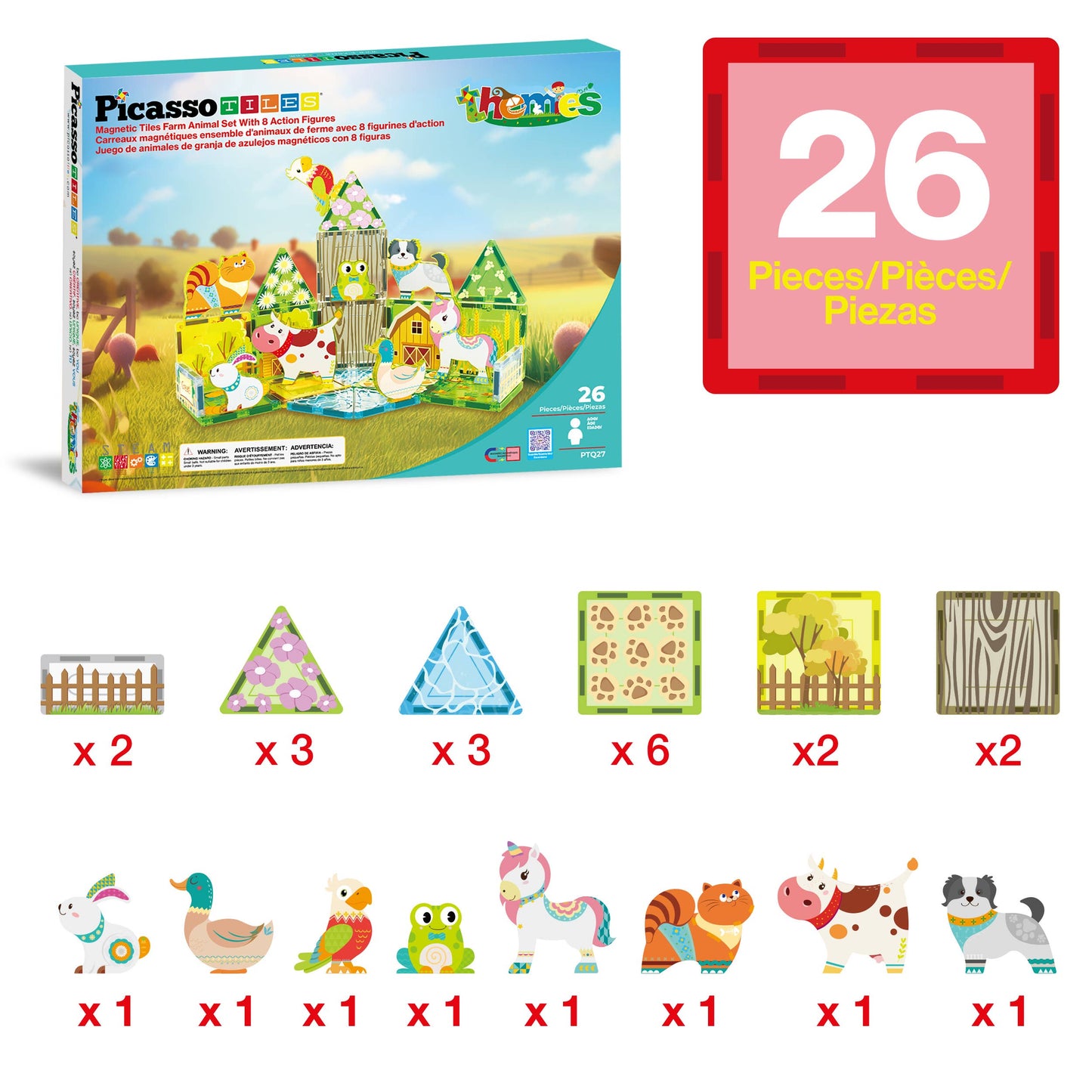 PicassoTiles 26pc Magnetic Tile (Farm Theme) Toy Set