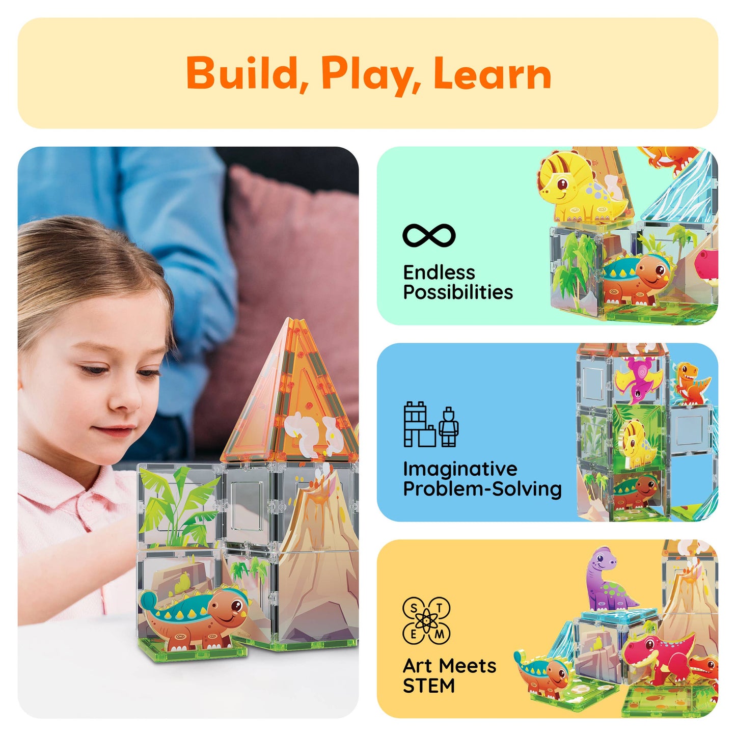 PicassoTiles 38pc (Dinosaur Theme) Magnetic Tile Building Set