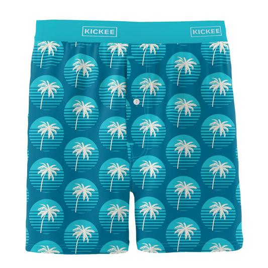 Cerulean Blue Palm Tree Sun Men's Print Boxer Shorts