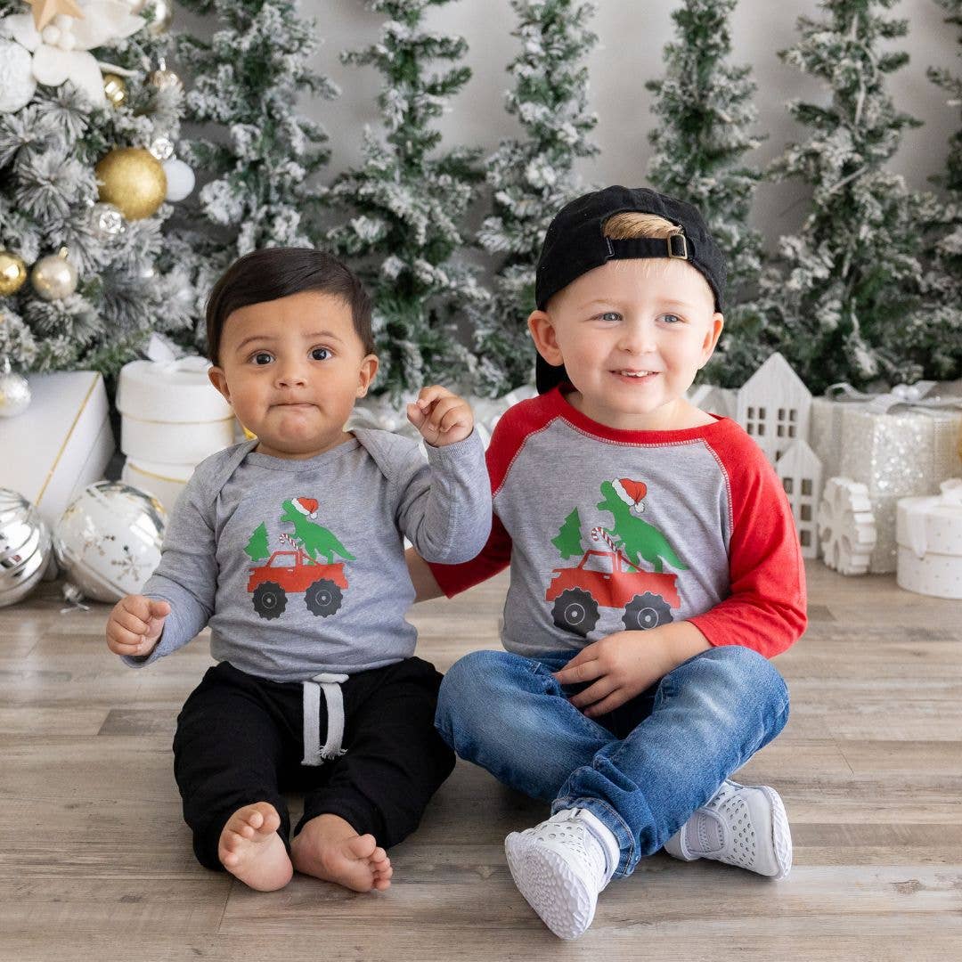 Santa Dino Monster Truck Christmas 3/4 Shirt - Kids Holiday
