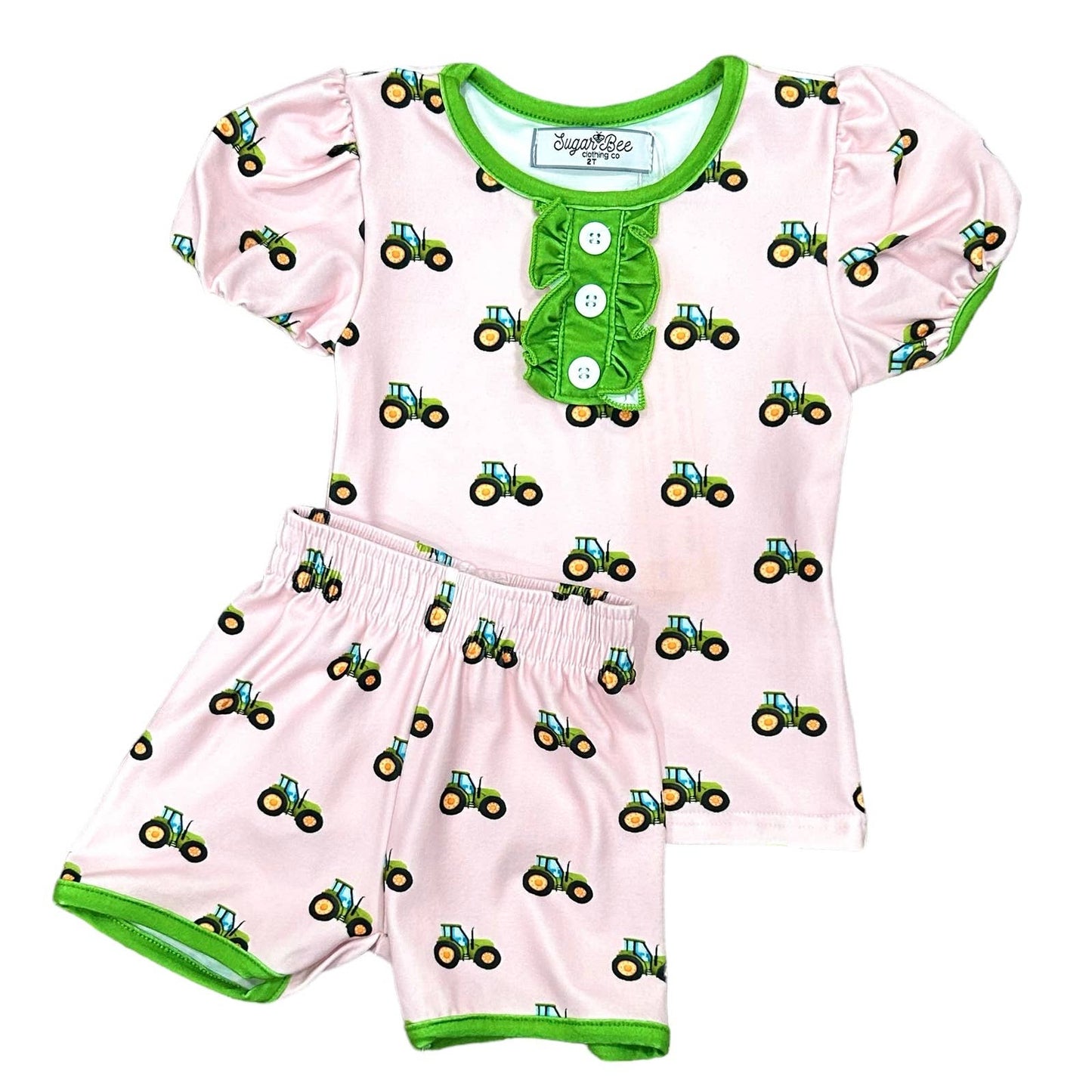 Ruffle Short Sleeve Lounge Set - Tractors On Pink
