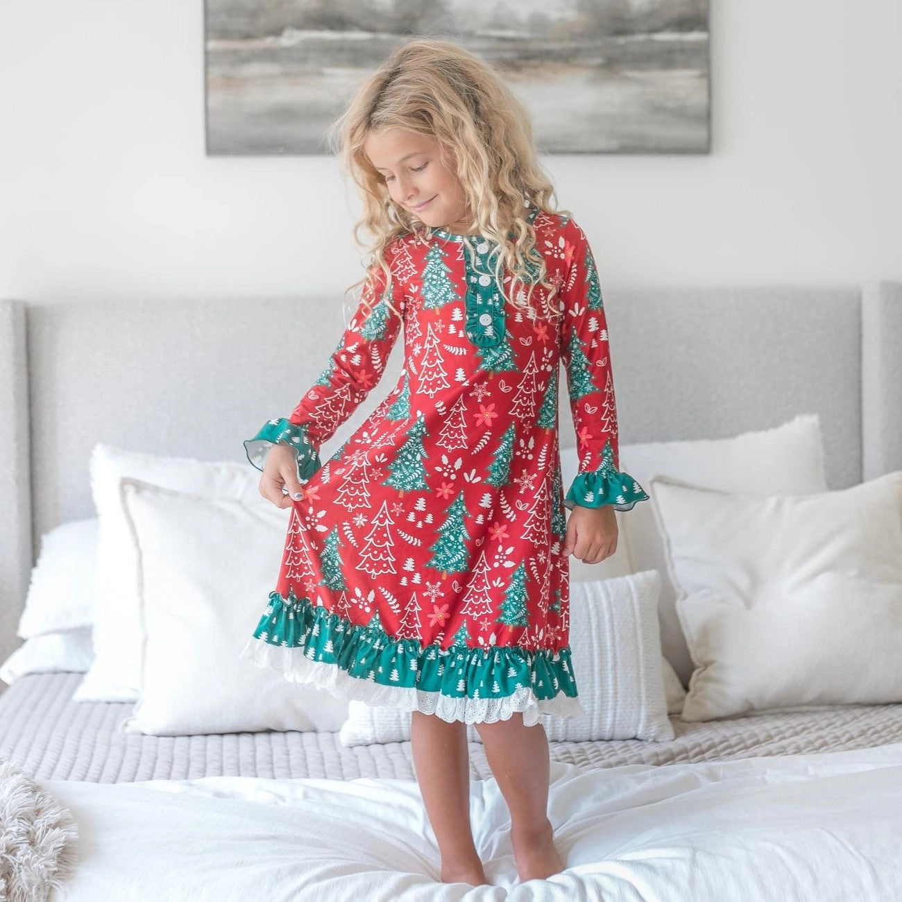 Red & Green Trees Holiday Ruffle Nightgown