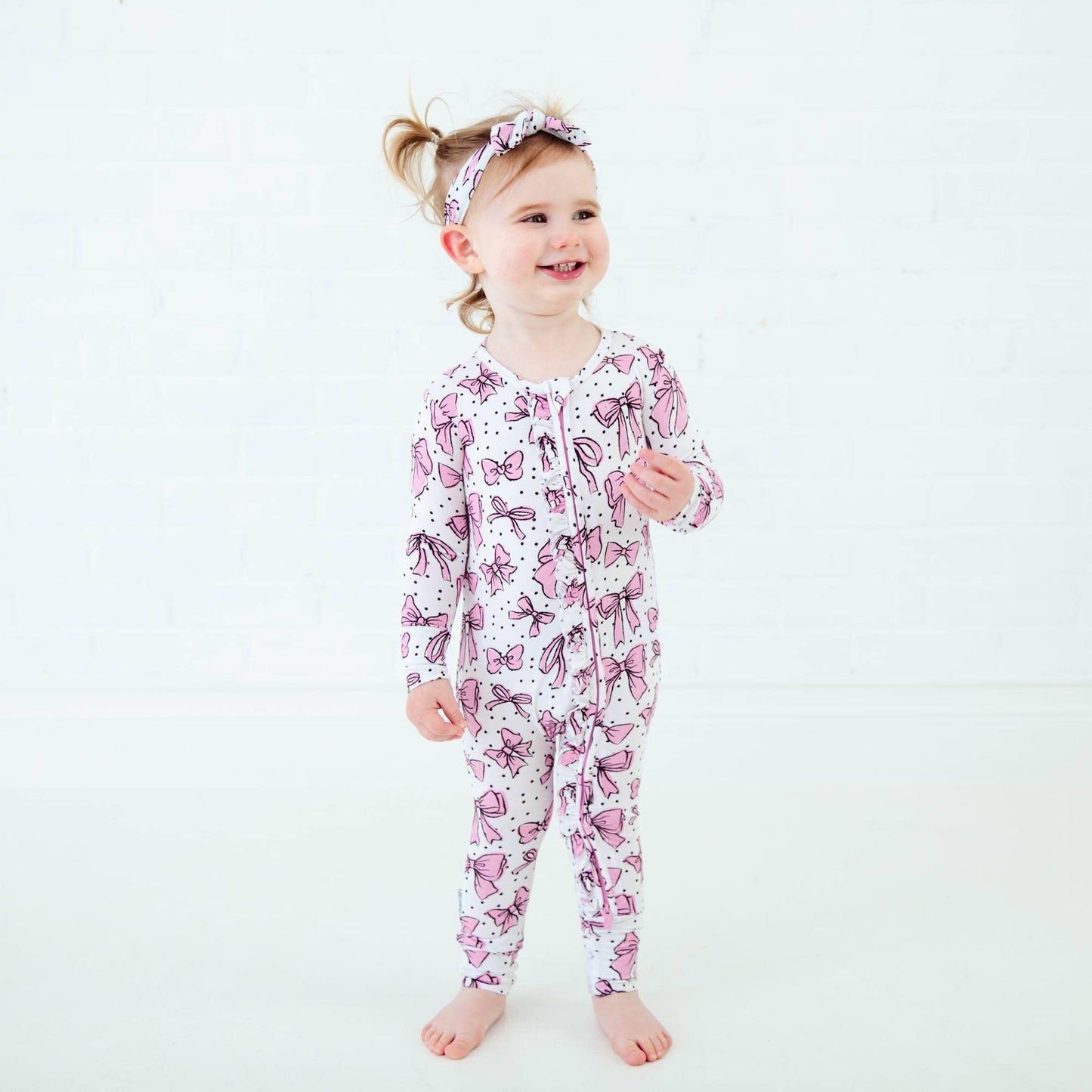 All Tied Up Pink Bows Bamboo Ruffle Convertible Footie PJs