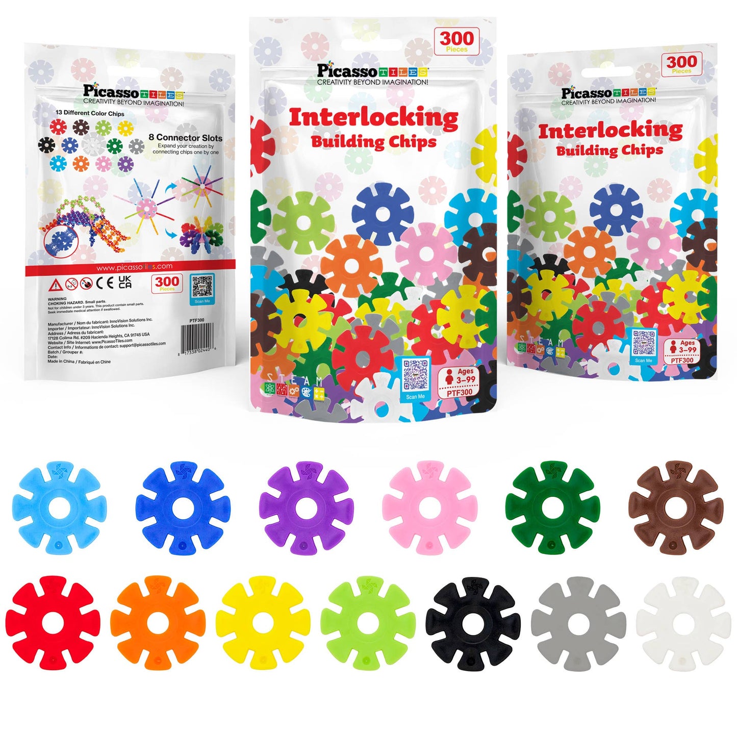 PicassoTiles 300pc Building Chips Interlocking Disc Blocks