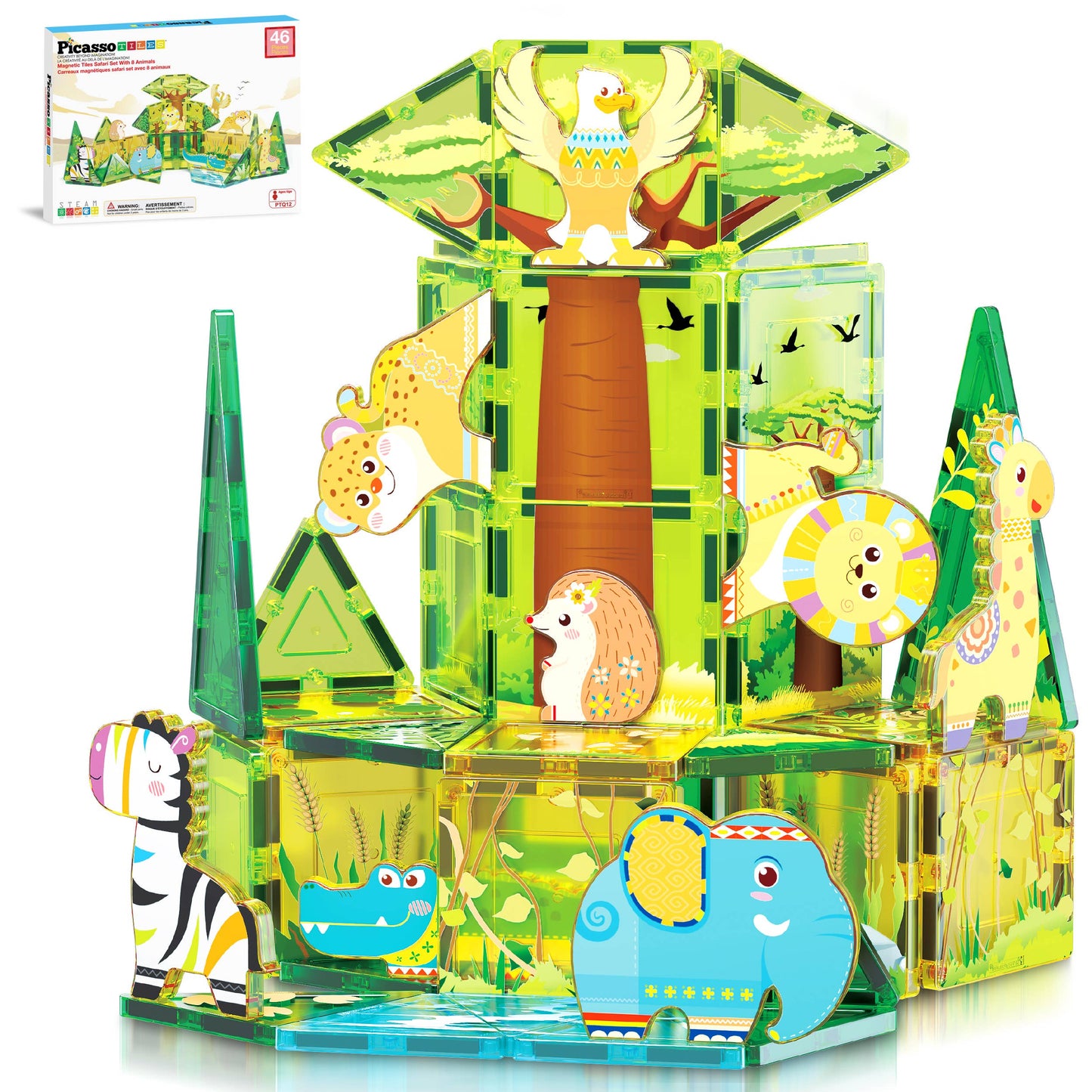 PicassoTiles 46pc (Safari Theme) Magnetic Tile Building Set