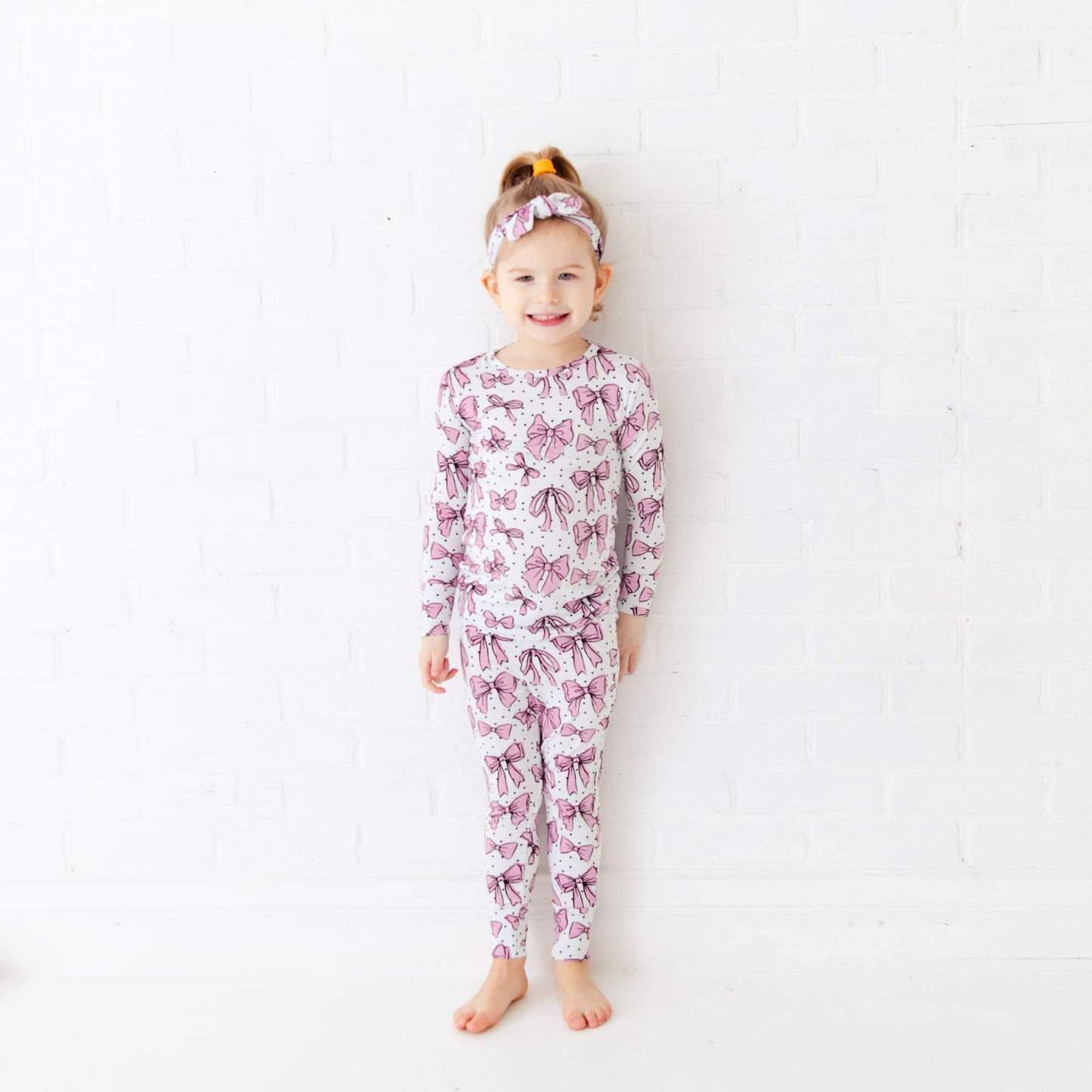 All Tied Up Pink Bows Kids Bamboo Two Piece Pajamas Set