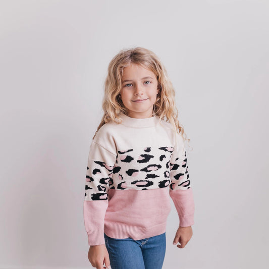 Girls Pink & Cream Leopard Crew Neck Sweater