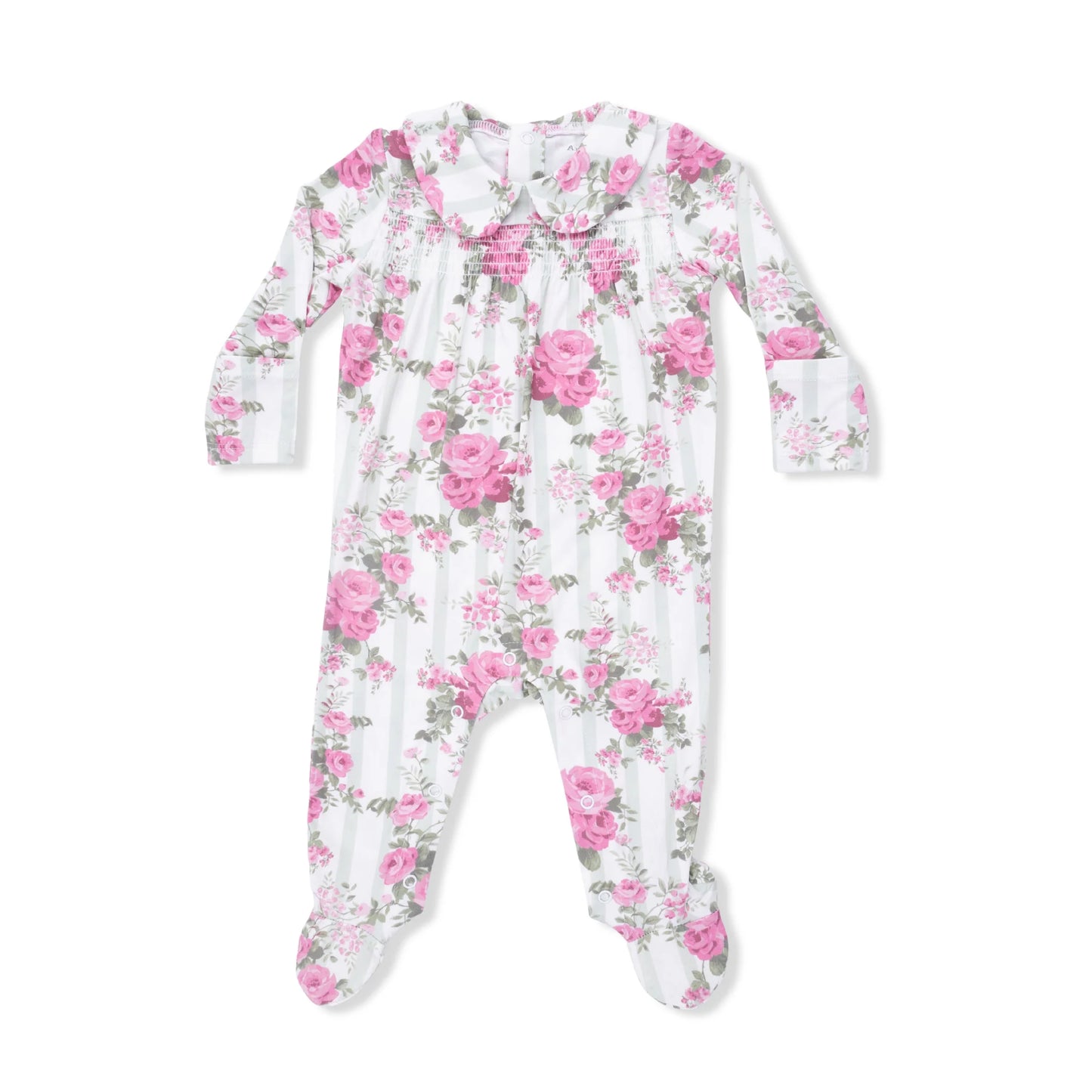 Cabbage Rose Stripe | Smocked Peter Pan Snap Footie