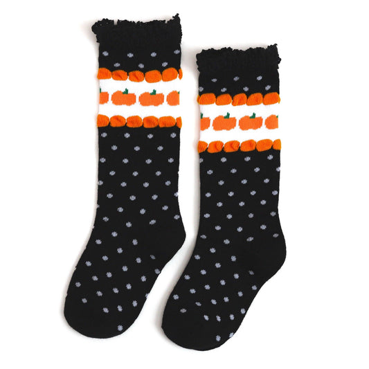 Lace Top Knee High Socks - Pumpkin Dot