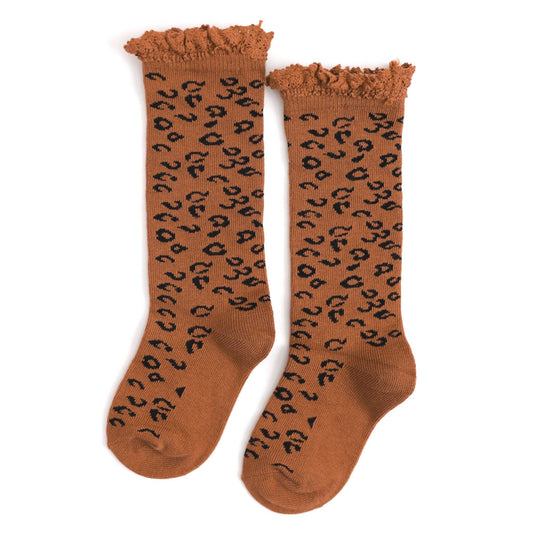 Lace Top Knee High Socks - Leopard