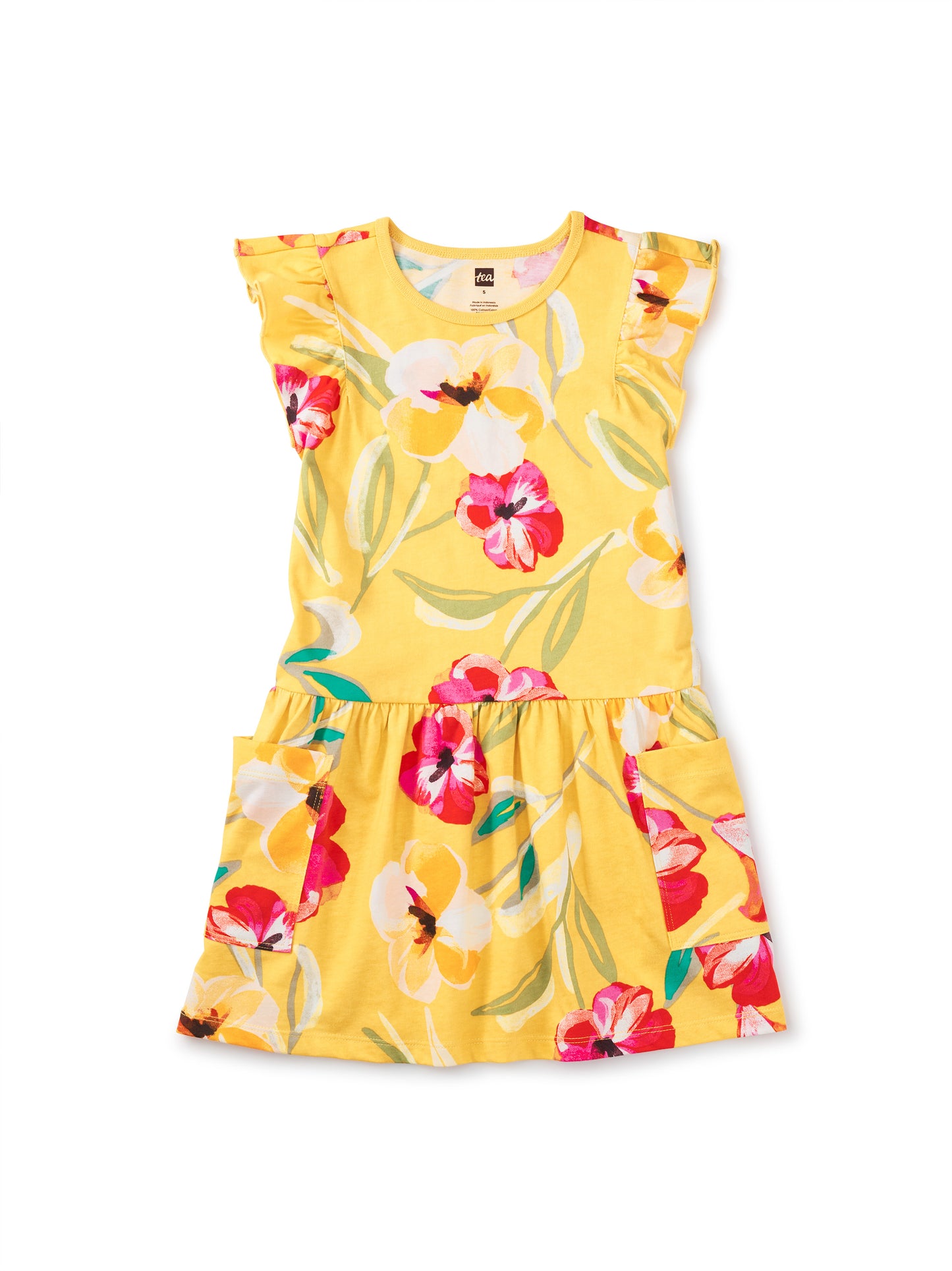 Painterly Hibiscus in Yellow Flutter Sleeve Pocket Dress