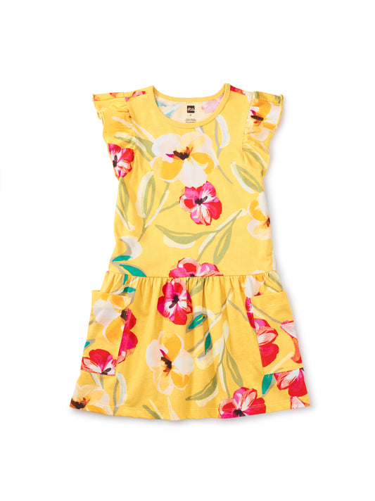 Painterly Hibiscus in Yellow Flutter Sleeve Pocket Dress