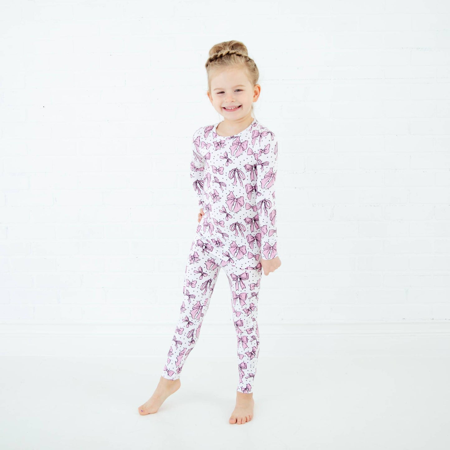 All Tied Up Pink Bows Kids Bamboo Two Piece Pajamas Set