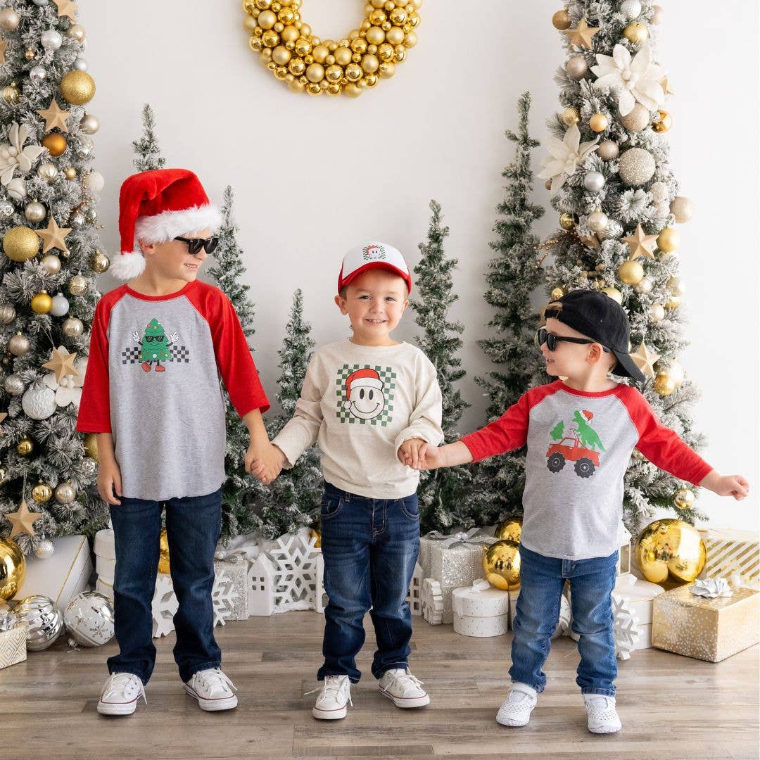 Santa Dino Monster Truck Christmas 3/4 Shirt - Kids Holiday