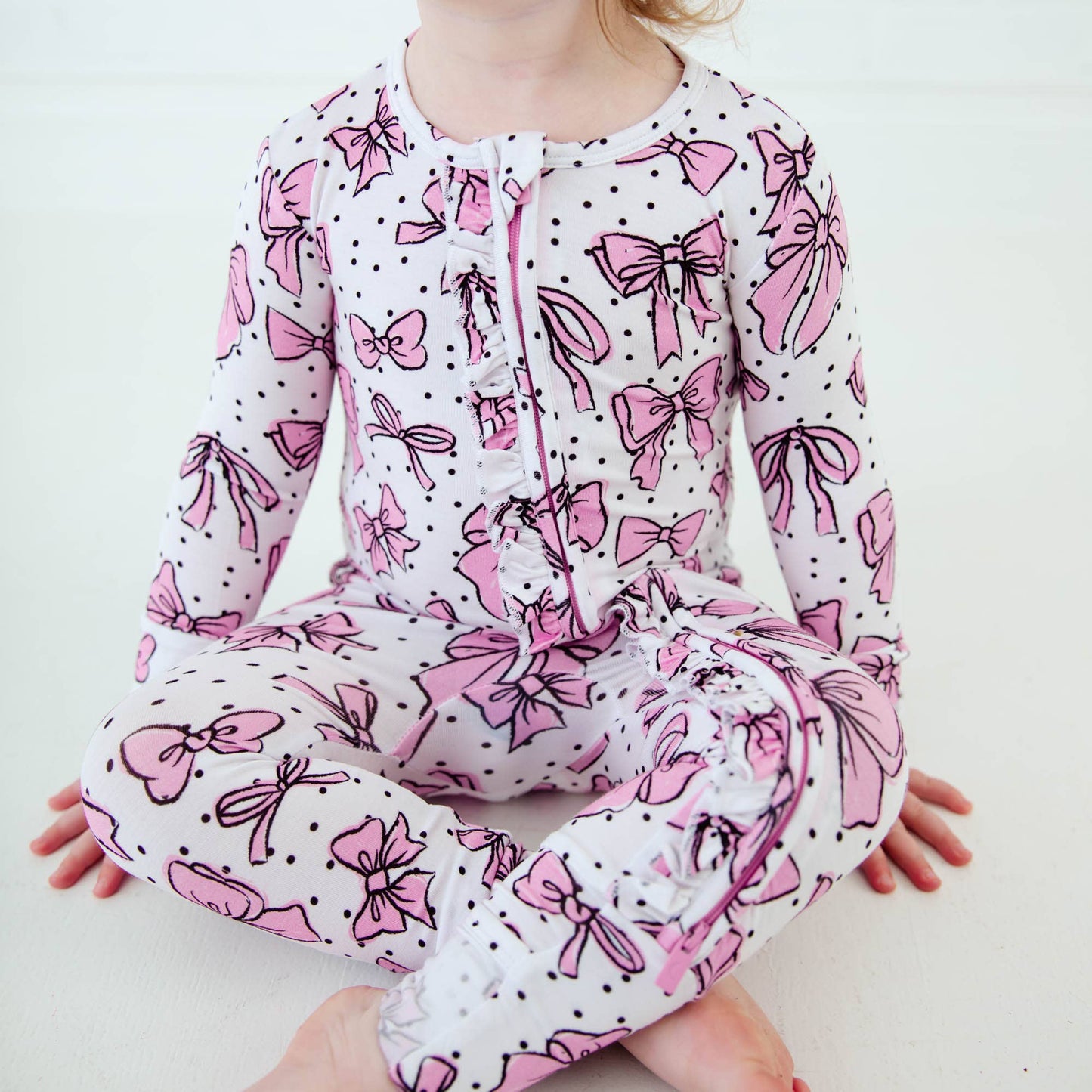 All Tied Up Pink Bows Bamboo Ruffle Convertible Footie PJs